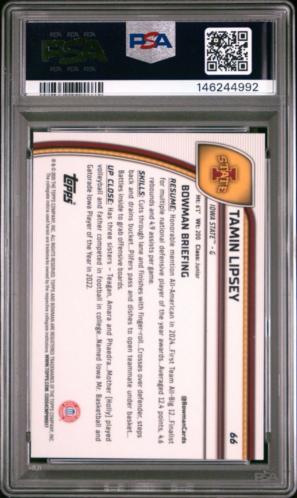 Tamin Lipsey 2024-25 Bowman Chrome U Gold Refractor /50 #66 Iowa St. PSA 10 Gem