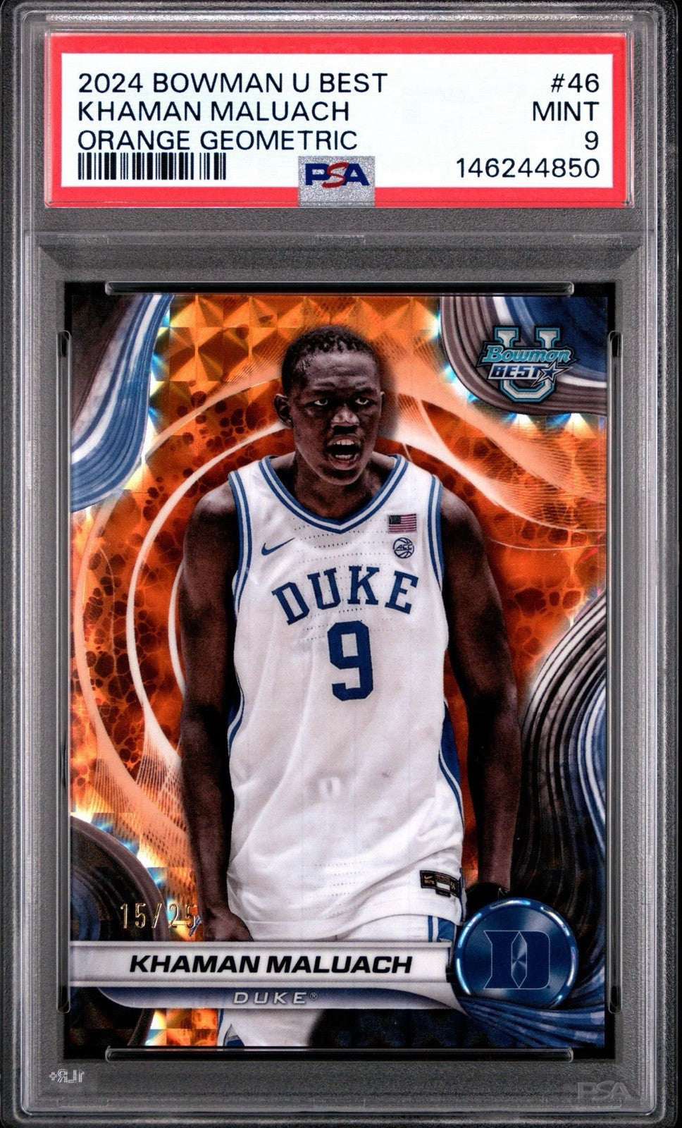 2024-25 Bowman's Best U #46 Khaman Maluach Orange Geometric Ref /25 - PSA 9 Mint