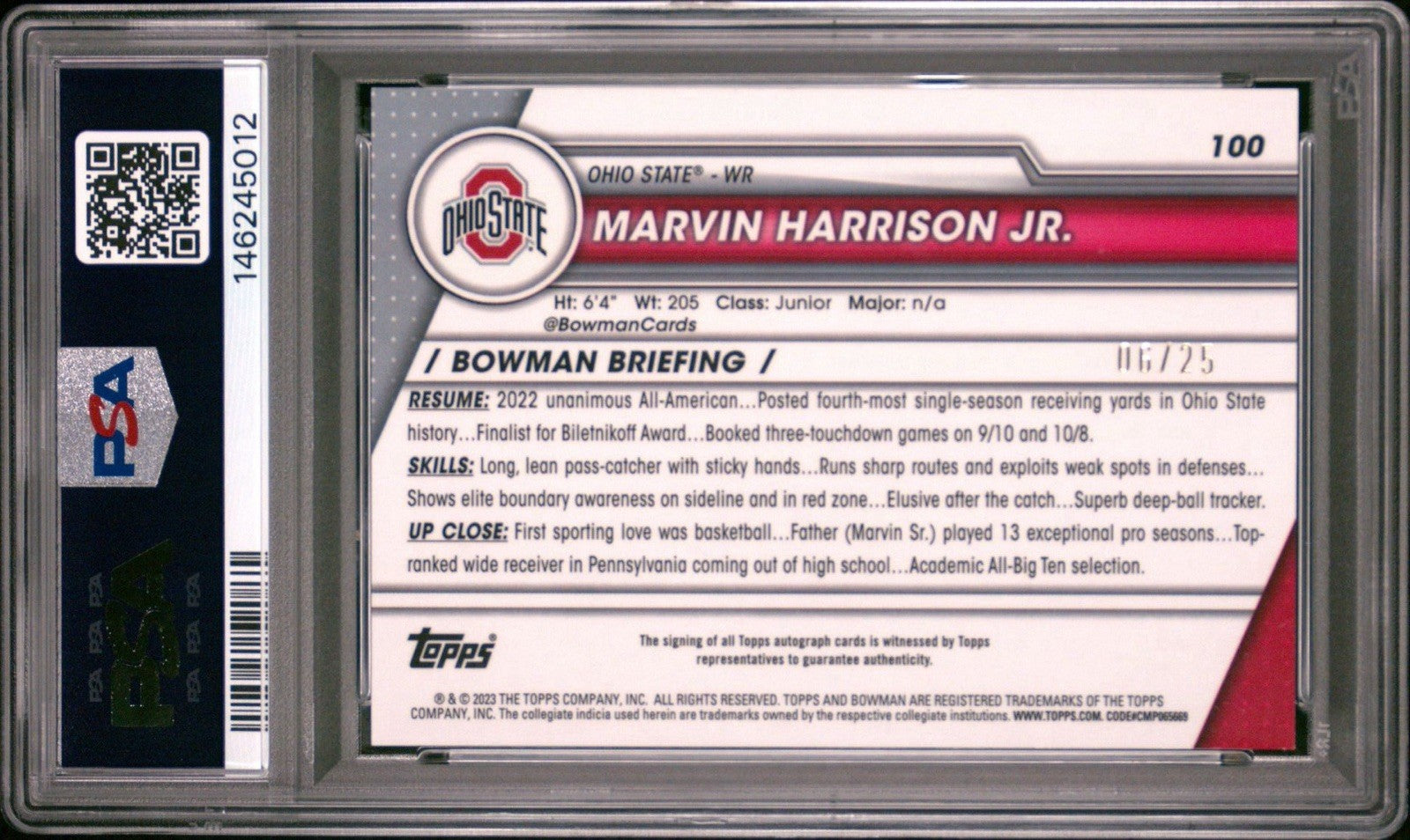 Marvin Harrison Jr 2023 Bowman U Chrome Auto Orange Shimmer #d /25 PSA 10 Pop 1