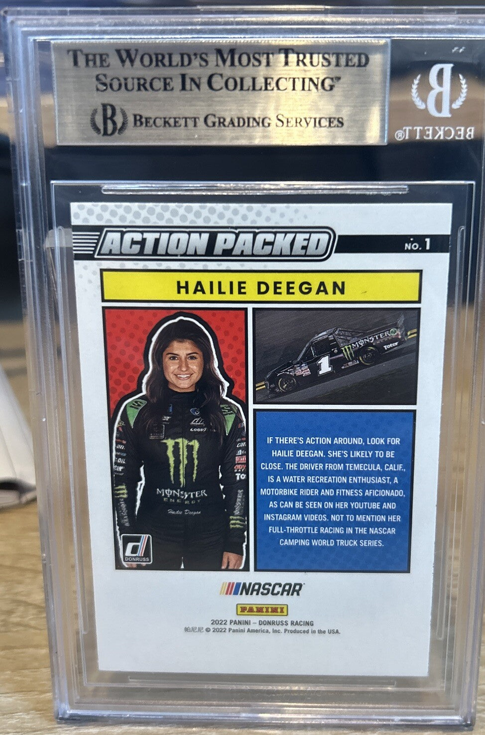 Signed Hailie Deegan 2022 Donruss Action Packed #1 Beckett BAS Slab