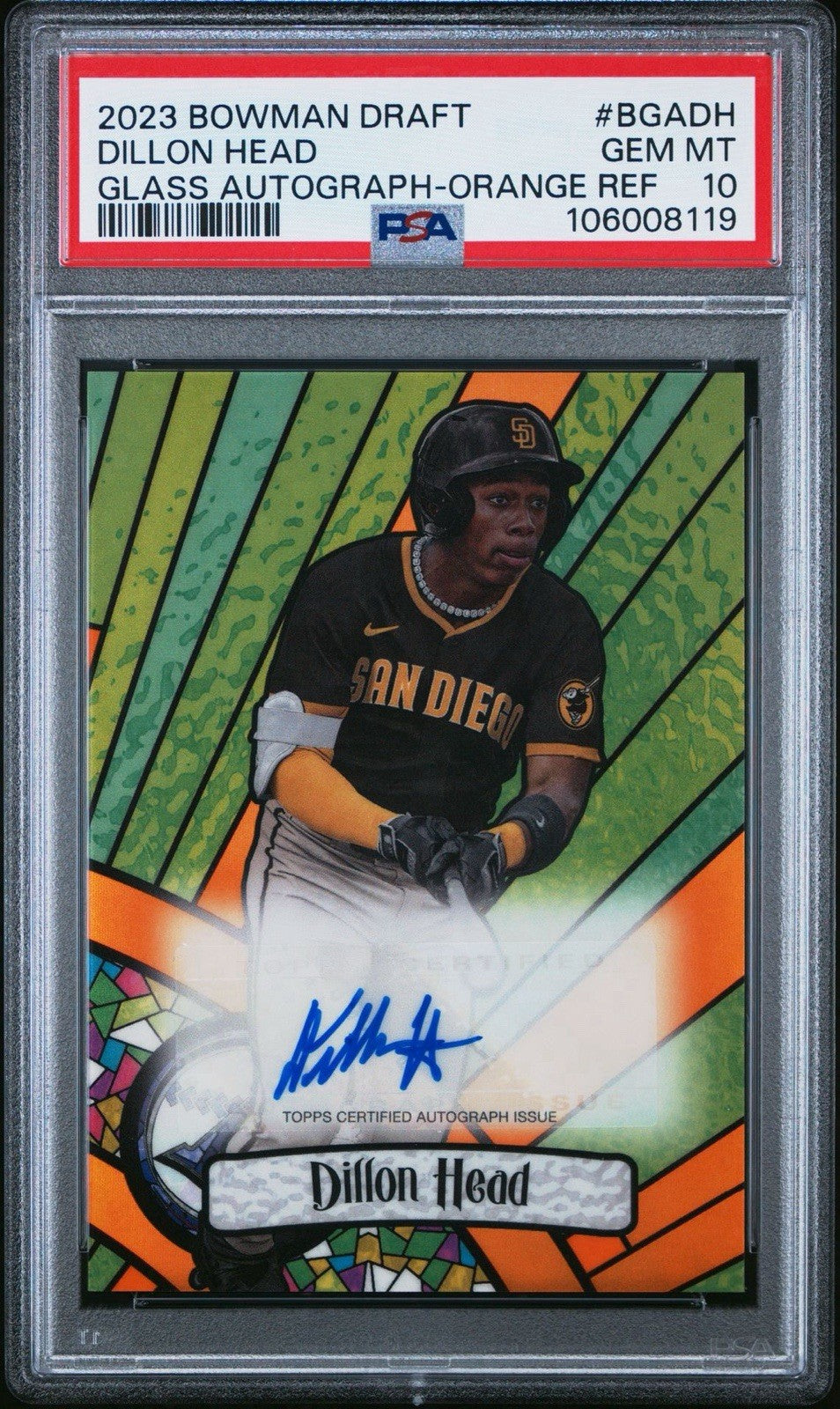 Dillon Head 2023 BOWMAN DRAFT GLASS AUTOGRAPH Orange #d /25 PSA 10 Gem