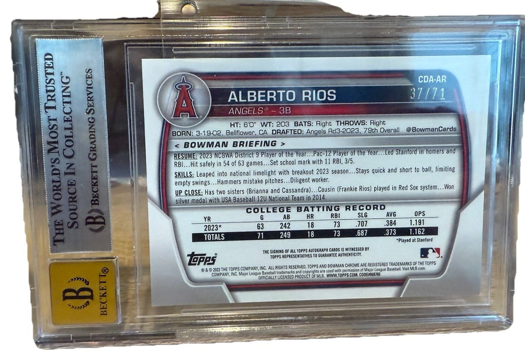 Alberto Rios 2023 Bowman Draft Chrome Sparkle Refractor Auto /71 BGS 8.5 Auto 10