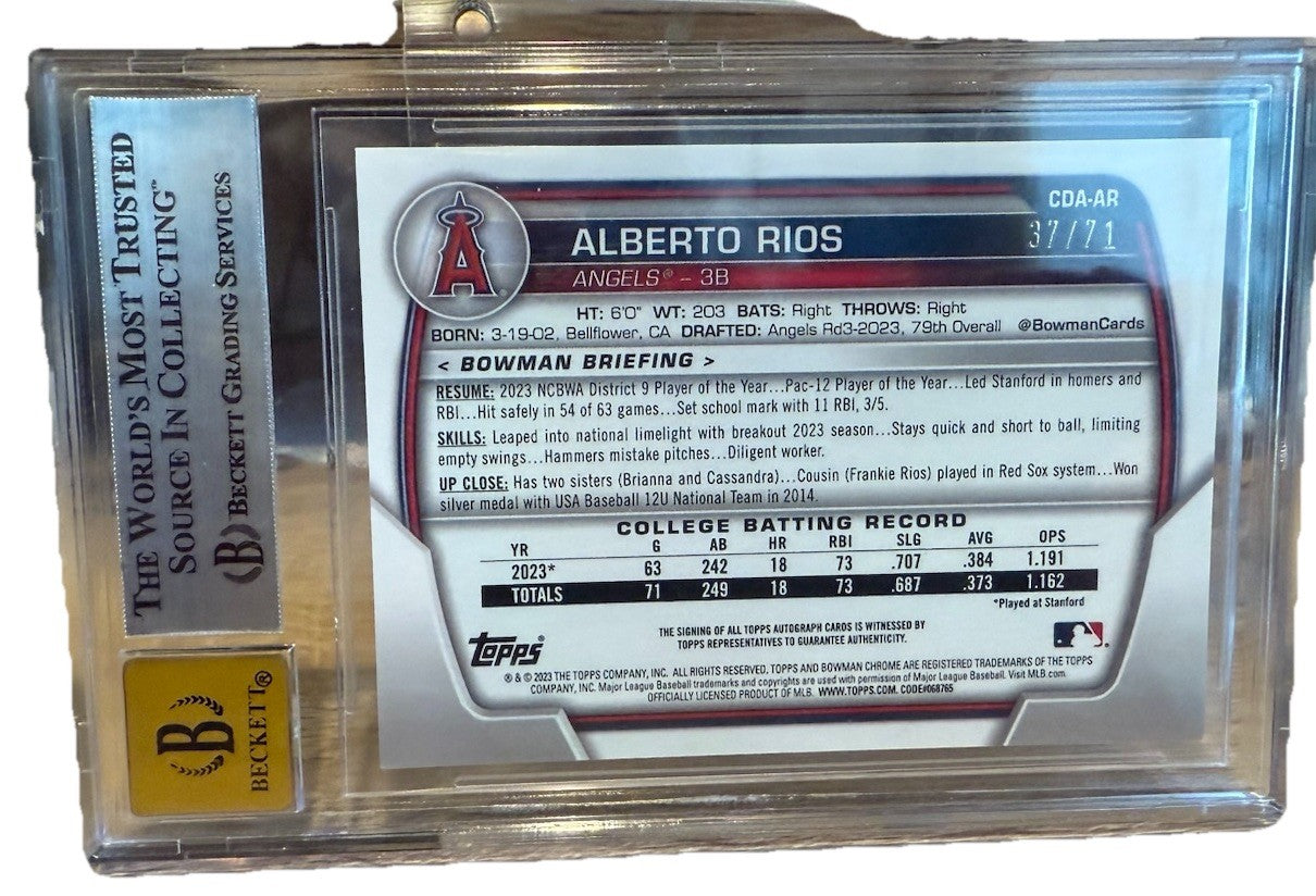 Alberto Rios 2023 Bowman Draft Chrome Sparkle Refractor Auto /71 BGS 8.5 Auto 10