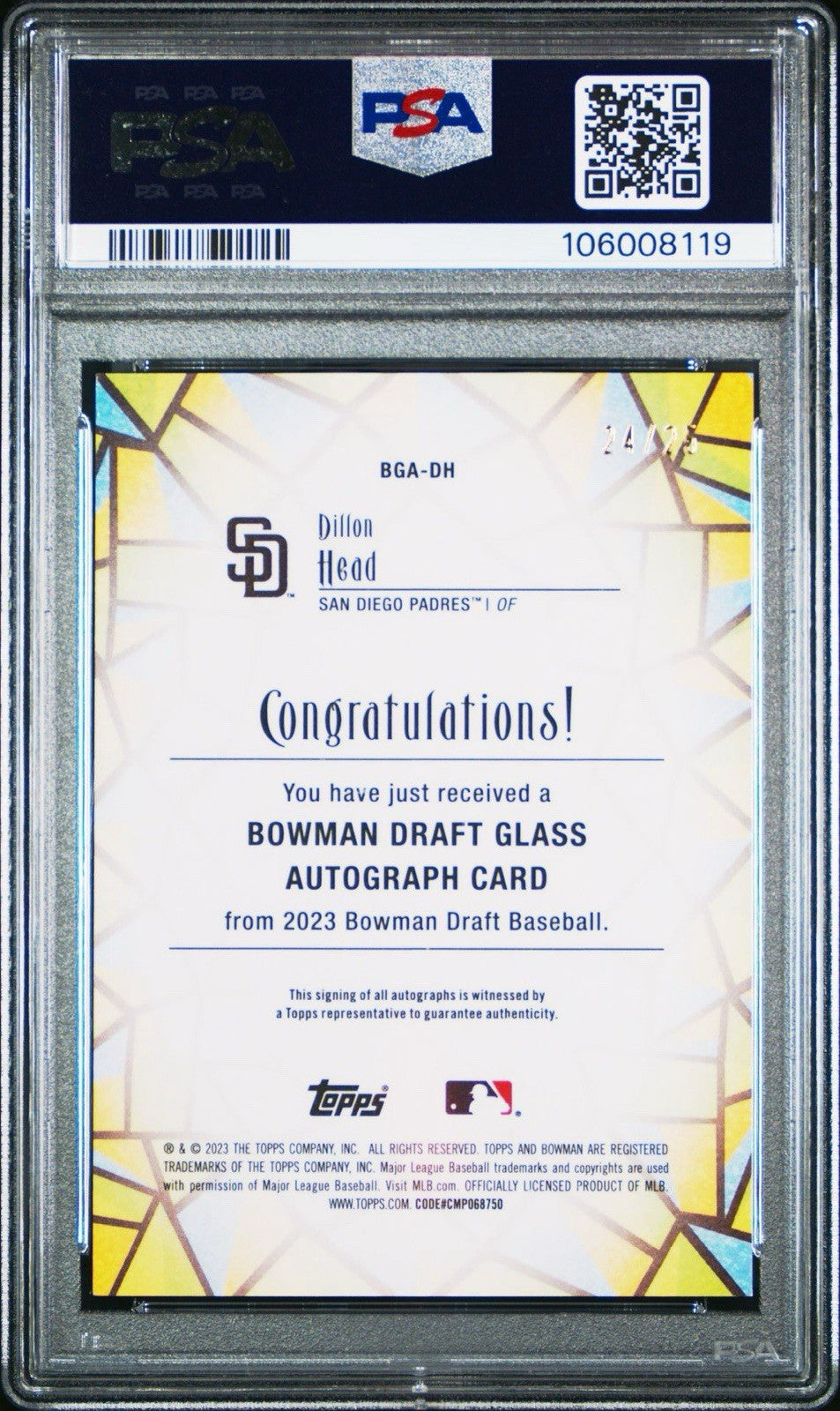 Dillon Head 2023 BOWMAN DRAFT GLASS AUTOGRAPH Orange #d /25 PSA 10 Gem