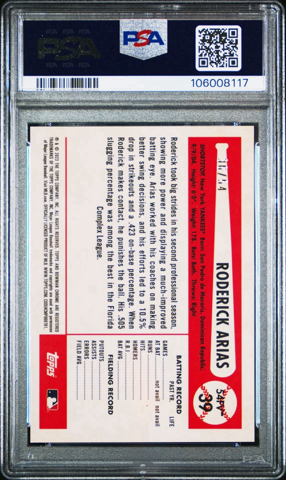 2023 Bowman Draft 1954 Flag Variation Roderick Arias Yankees #d /54 PSA 9 MINT