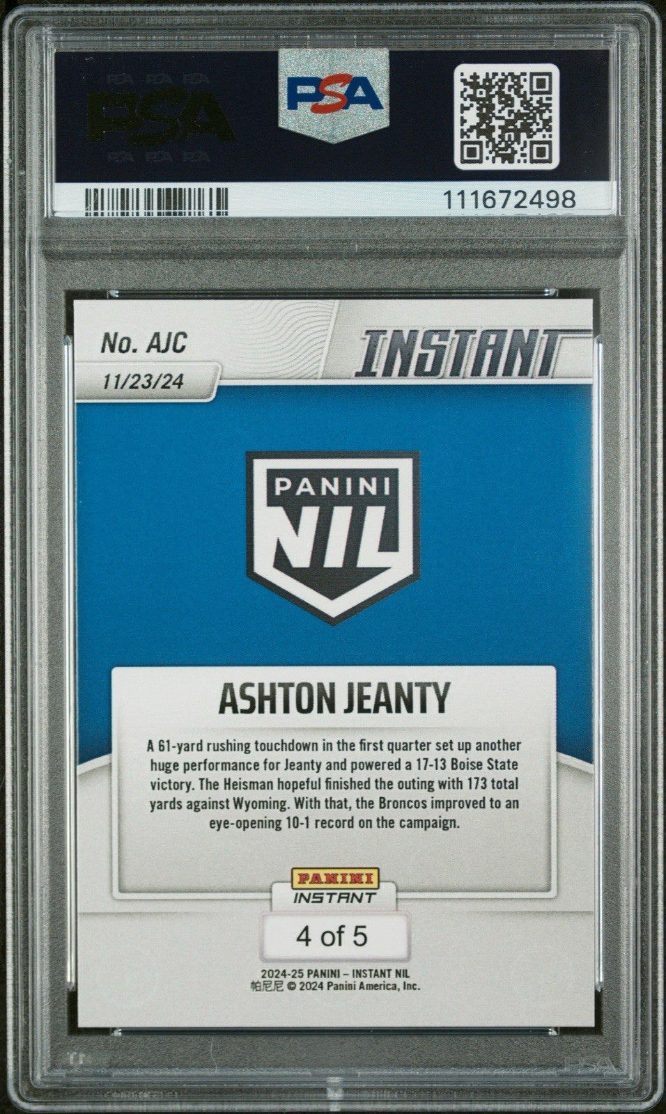 Ashton Jeanty - 2024 Panini Instant College Football #AJC White Tiger /5 - PSA 8