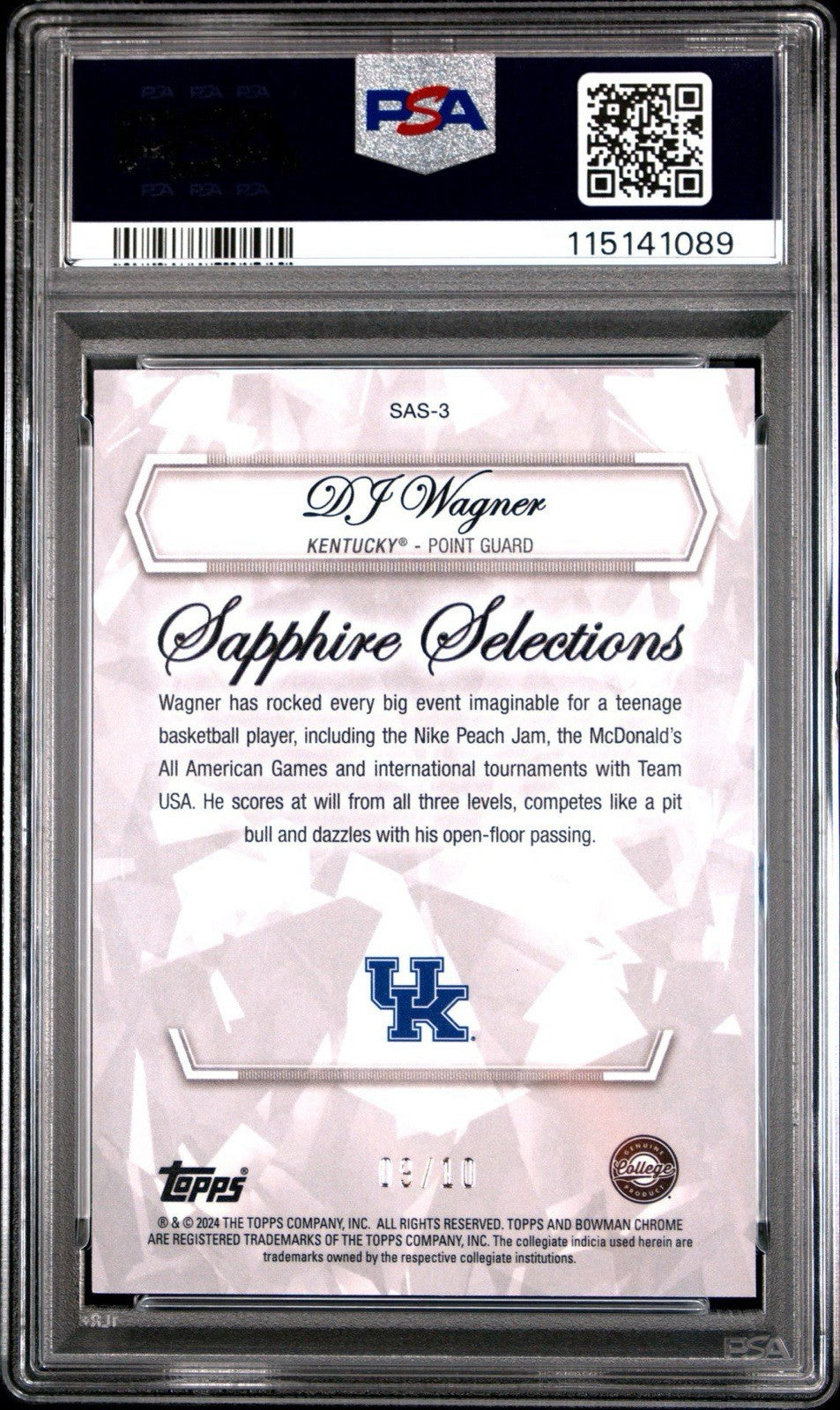 2023-24 Bowman U Chrome Sapphire DJ Wagner /10 Black Sapphire Selections PSA 9