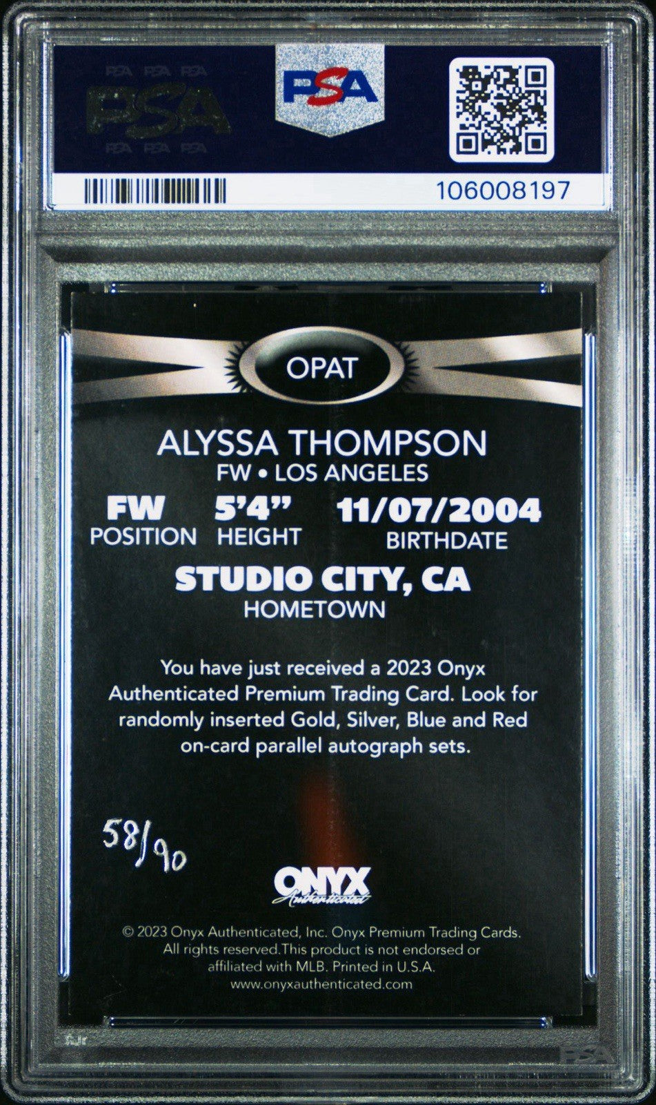 Alyssa Thompson 2023 Onyx Premium Silver Rookie Autograph /90 PSA 7