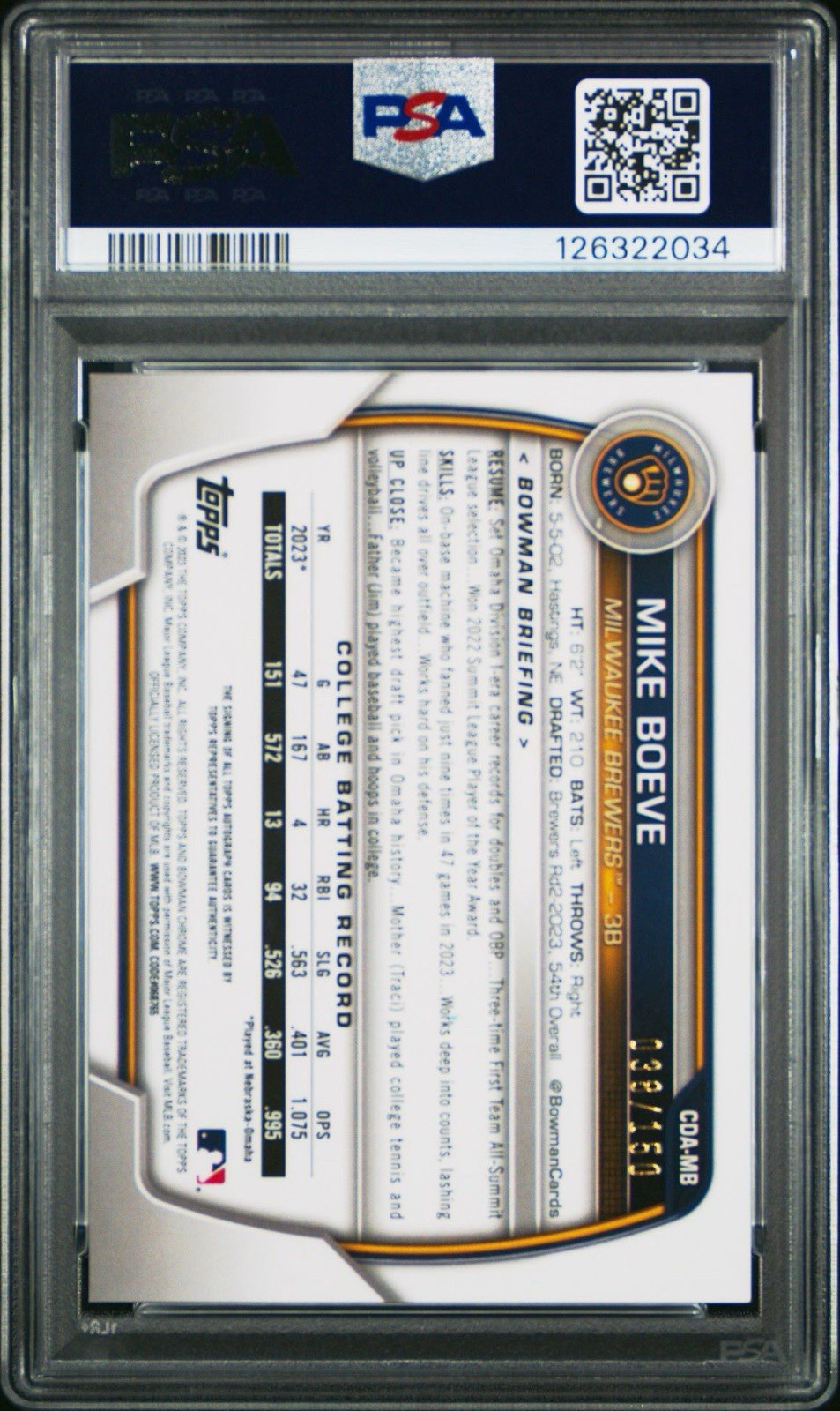 2023 Bowman Draft #CDAMB Mike Boeve 1st Prospect Auto HTA Choice /150 PSA 10 Gem