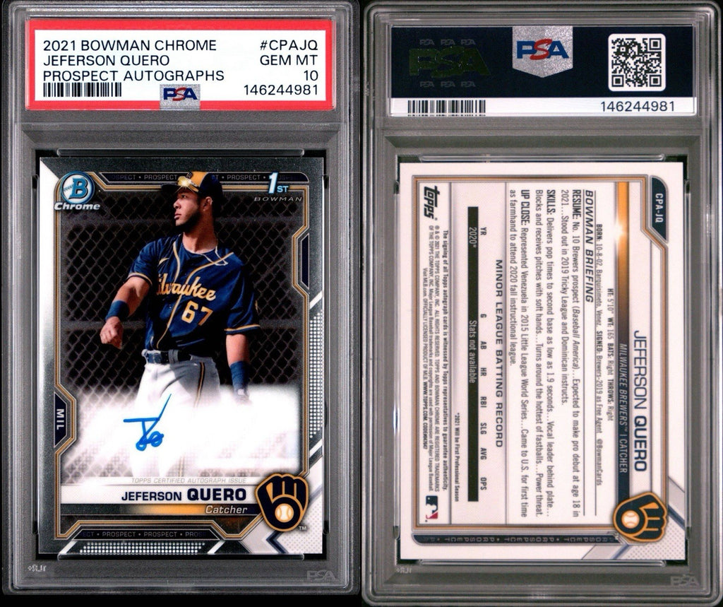 2021 Bowman Chrome 1st Auto Jeferson Quero #CPA-JQ Milwaukee Brewers PSA 10 Gem