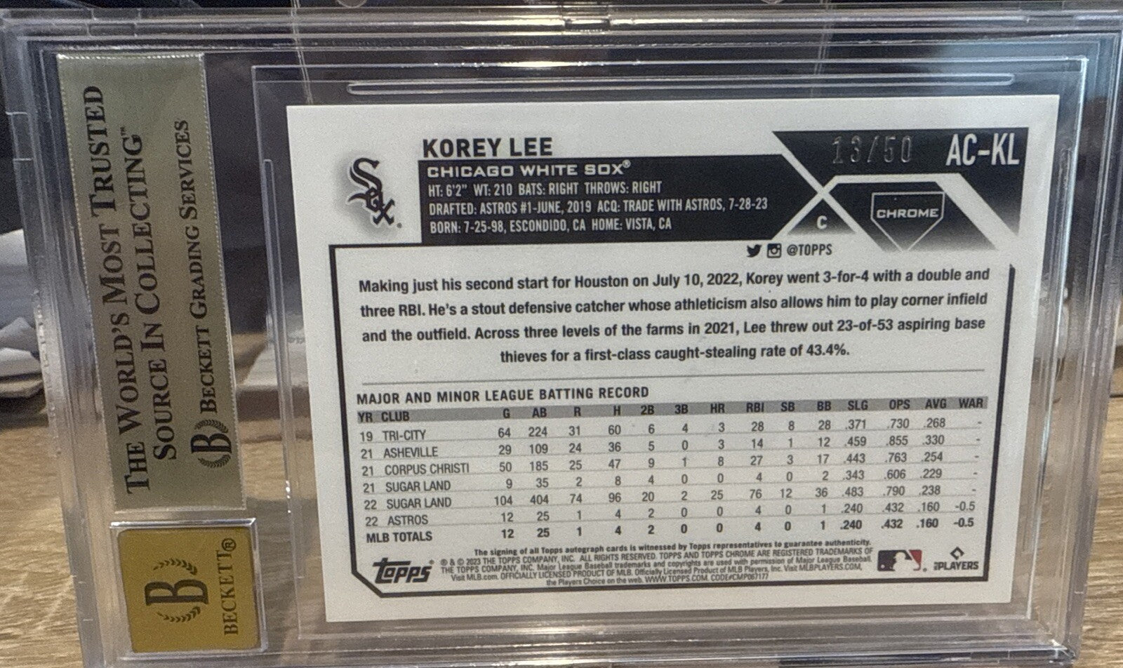 BGS 9.5 BAS 10 -2023 Topps Chrome Update KOREY LEE Gold Wave Ref Auto RC #d /50