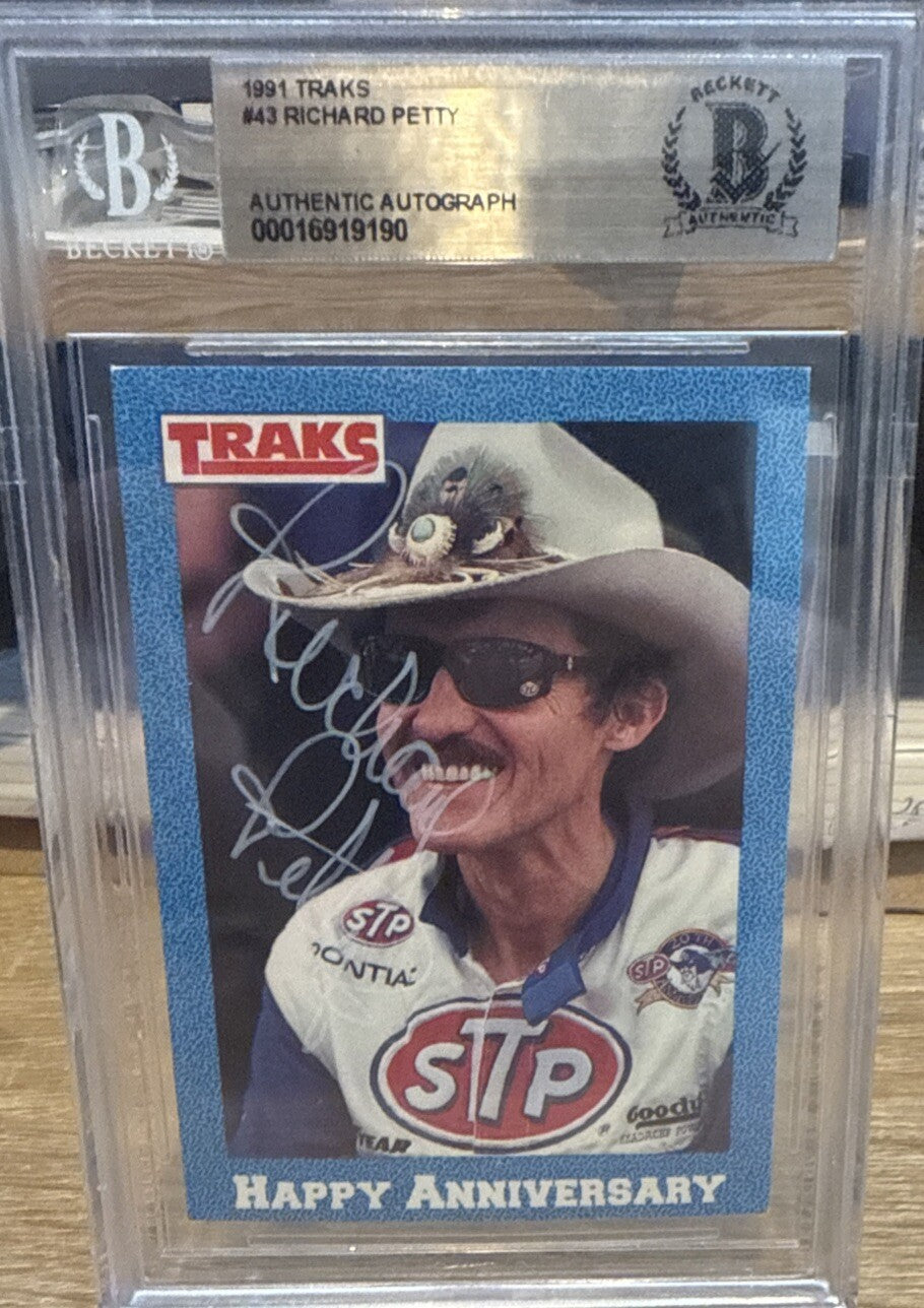 Signed Richard Petty 1991 Traks #43 NASCAR Beckett BAS Slab