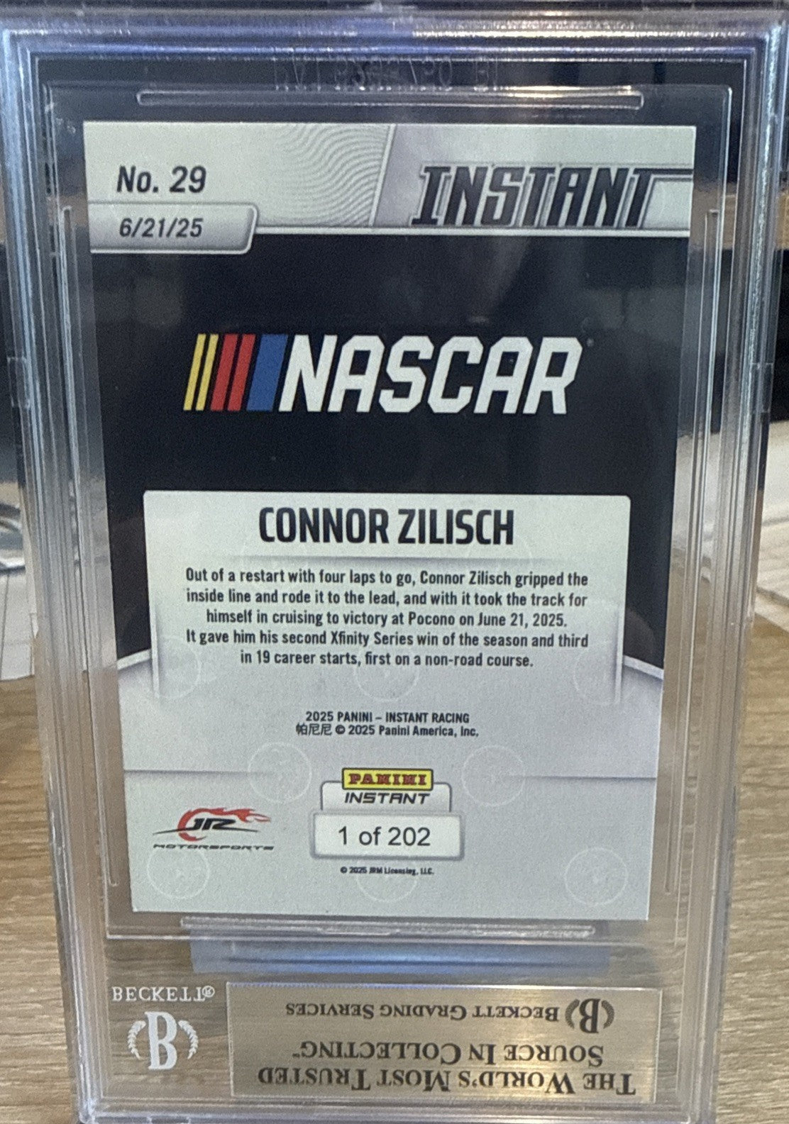 Signed Connor Zilisch 2025 Panini Instant #29 RC /202 - Beckett BAS Slab