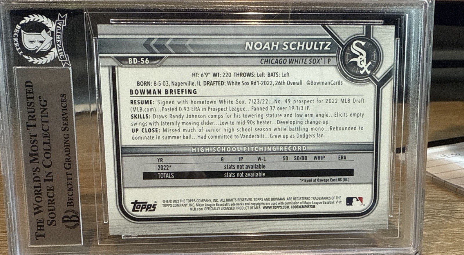 2022 Bowman Draft NOAH SCHULTZ SIGNED Bowman 1st - BAS - Slab