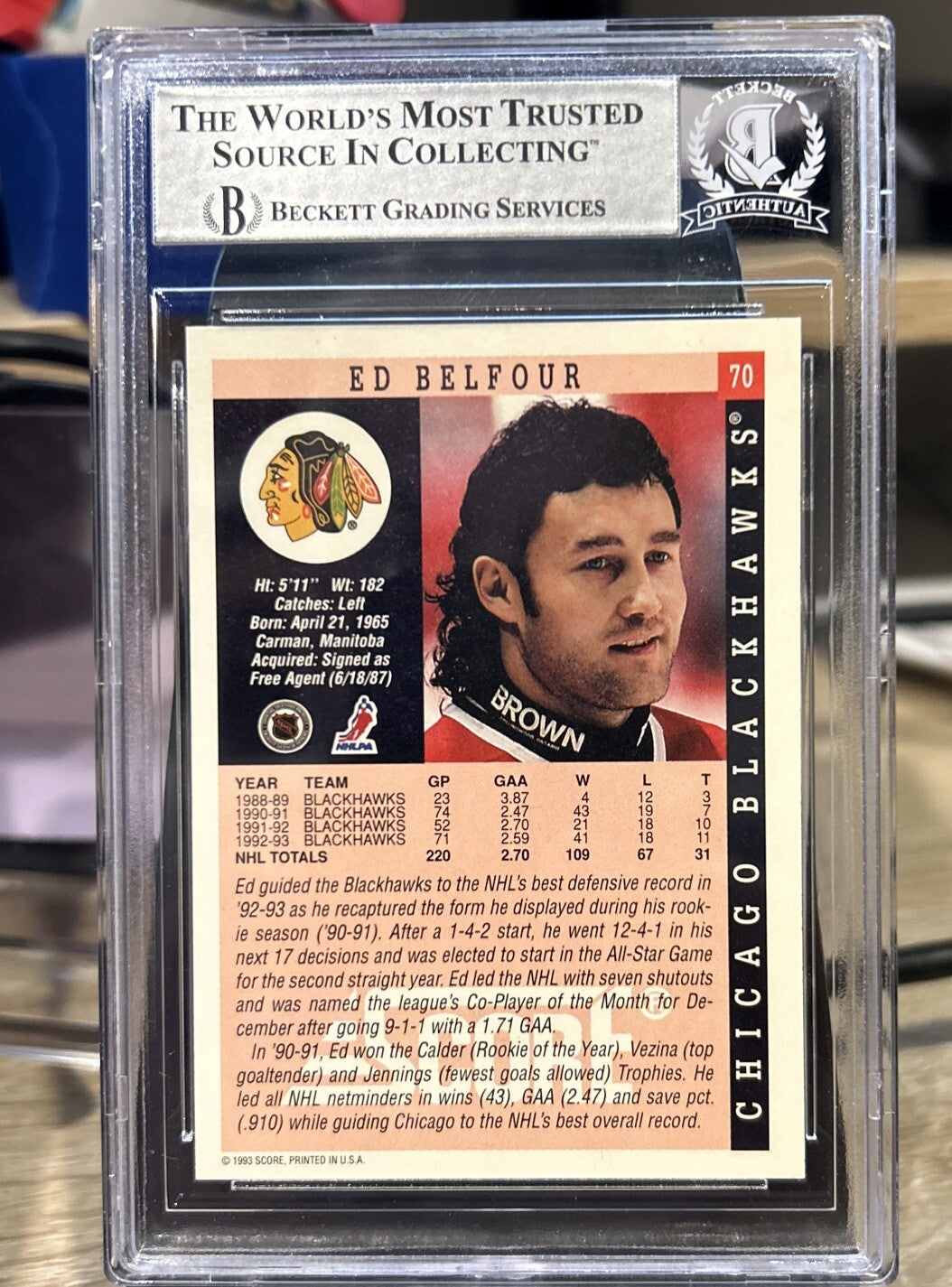 ED BELFOUR 1993-94 SCORE SIGNED AUTOGRAPHED CARD BECKETT BAS AUTHENTIC