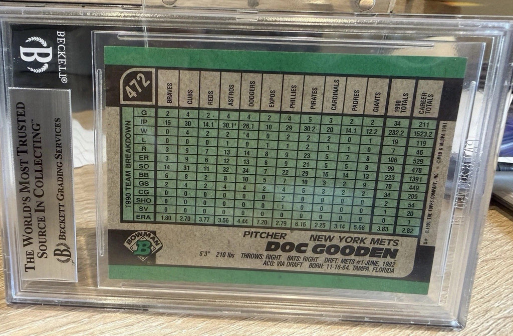 Signed 1991 Bowman #472 Dwight Gooden Beckett BAS Slab