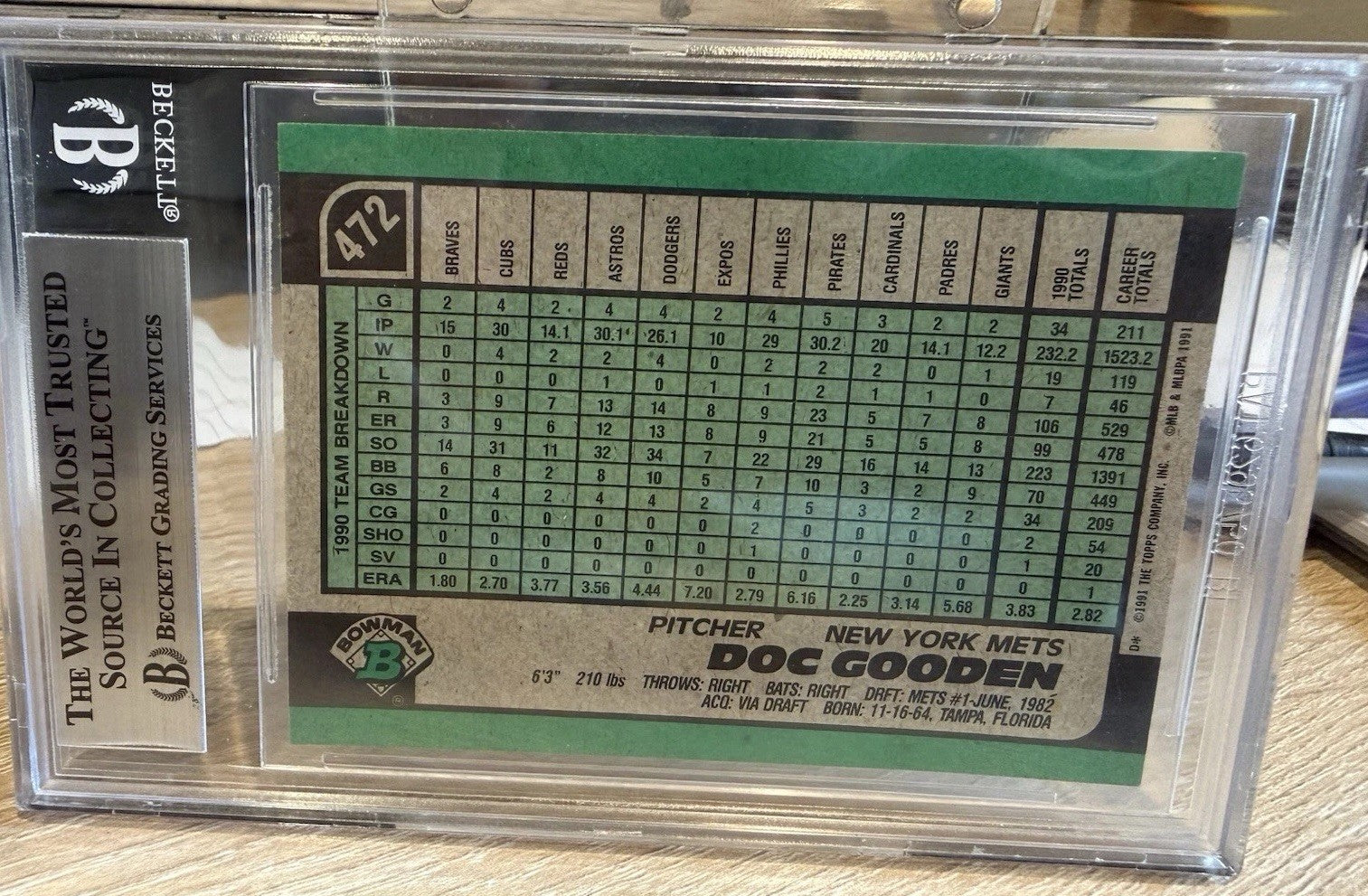 Signed 1991 Bowman #472 Dwight Gooden Beckett BAS Slab