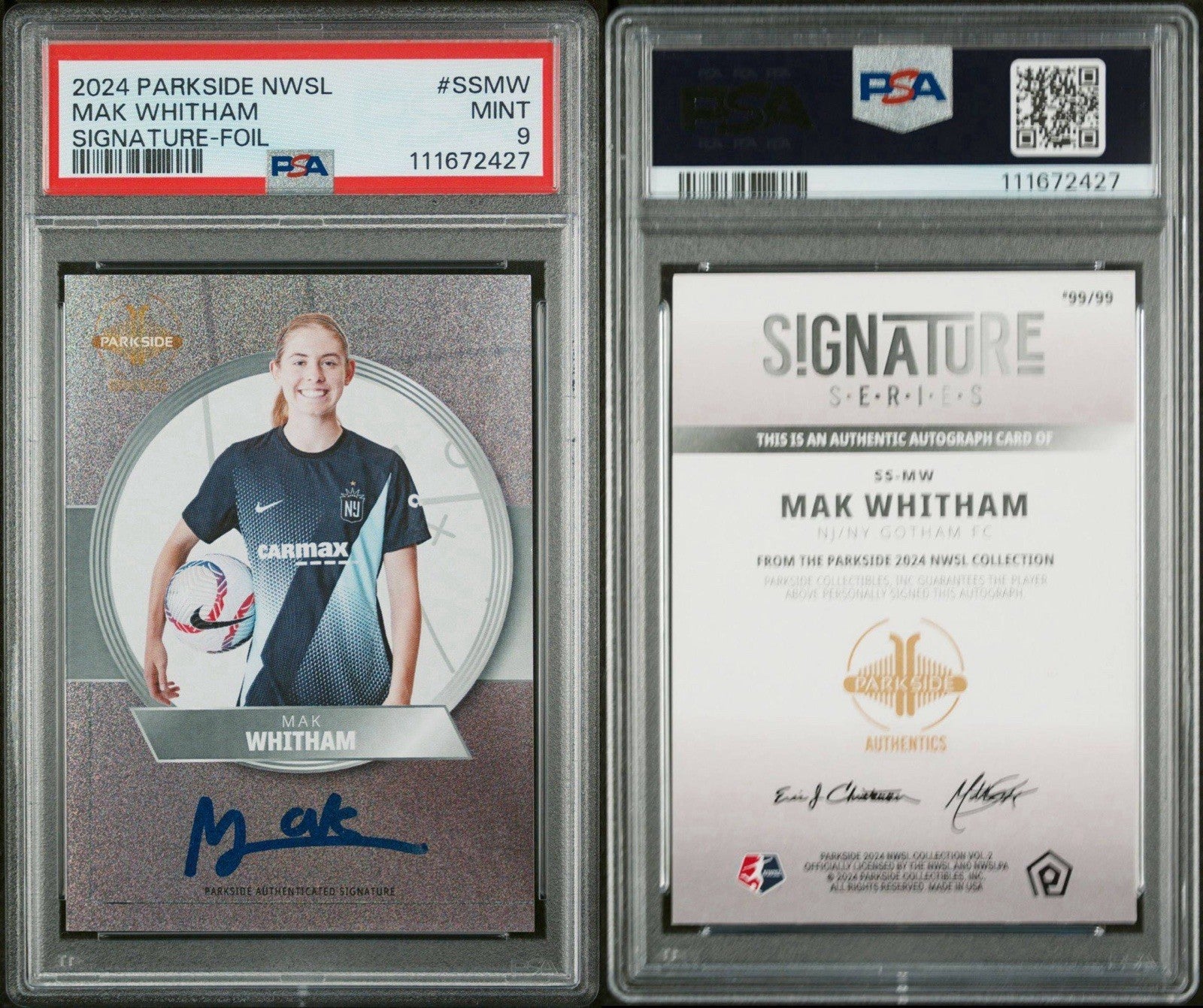 Mak Whitham 2024 Parkside NWSL Vol 2 Signature Series FOIL /99 PSA 9 Auto RC