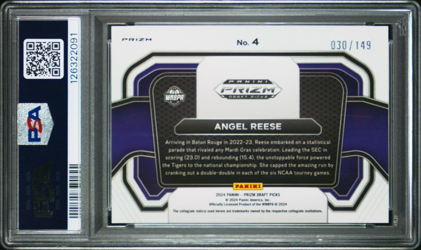2024 Prizm Draft Picks ANGEL REESE CAMPUS LEGENDS Purple Ice #d /149 PSA 9