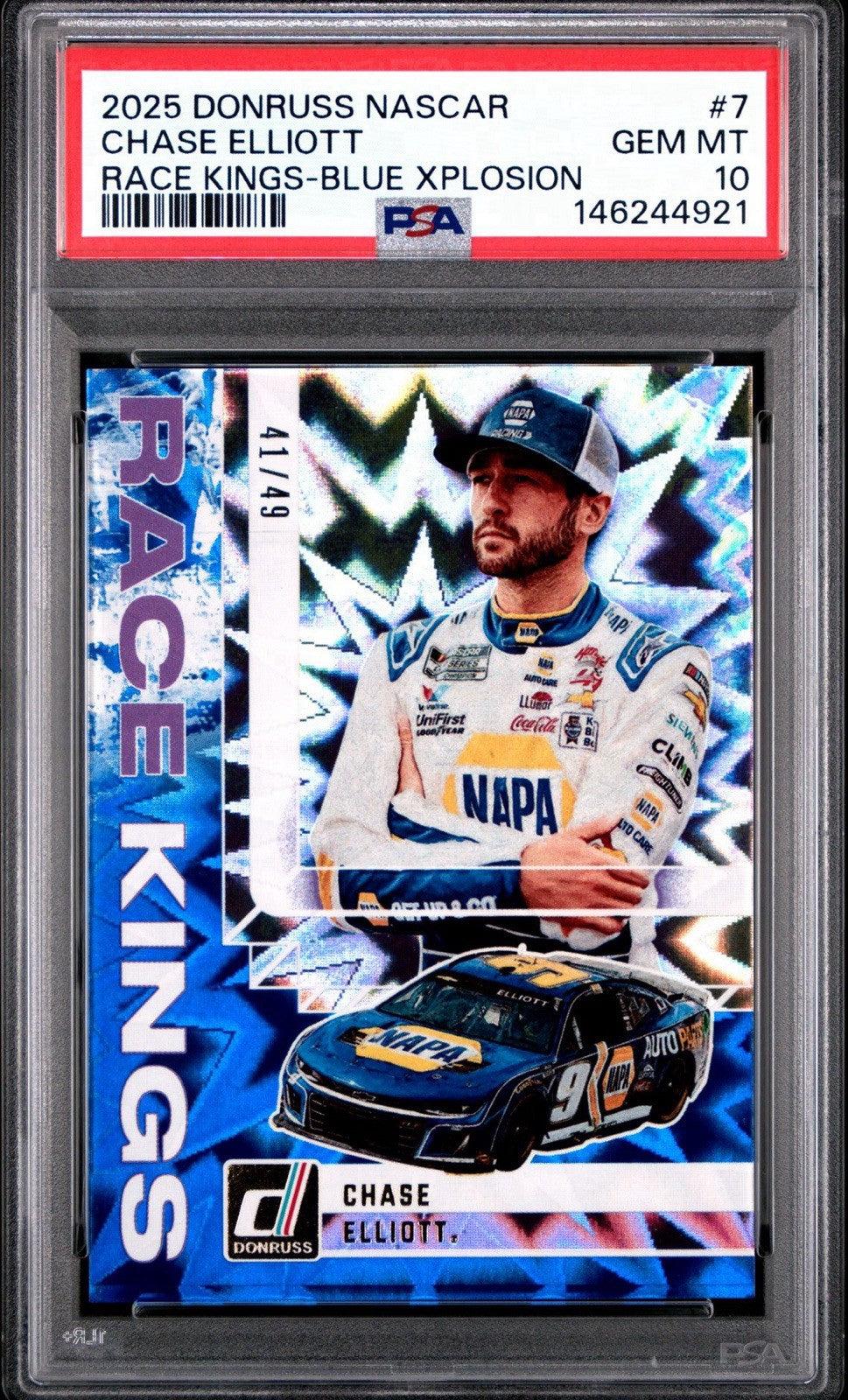 2025 Donruss #7 Chase Elliott Race Kings Blue XPlosion /49 - PSA 10 Gem