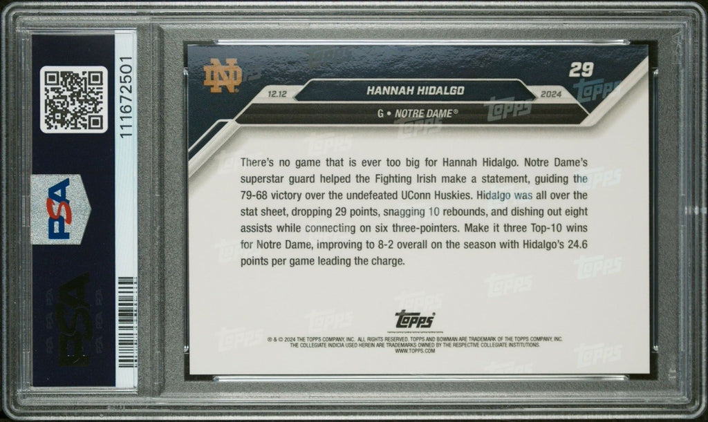 2024-25 Hannah Hidalgo - Bowman U Now #29 Leads Notre Dame Purple /25 PSA 8