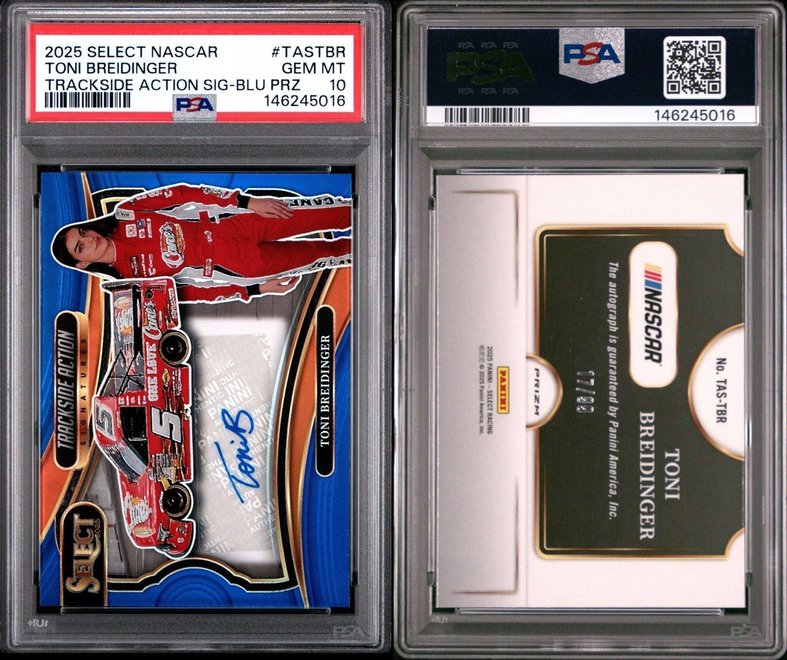 Toni Breidinger 2025 Panini Select Trackside Blue Prizm  Auto /99 - PSA 10 Gem