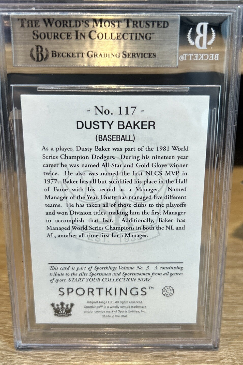 Signed DUSTY BAKER 2022 Sportskings Vol 3 Framed Blue #117  BAS BECKETT SLAB