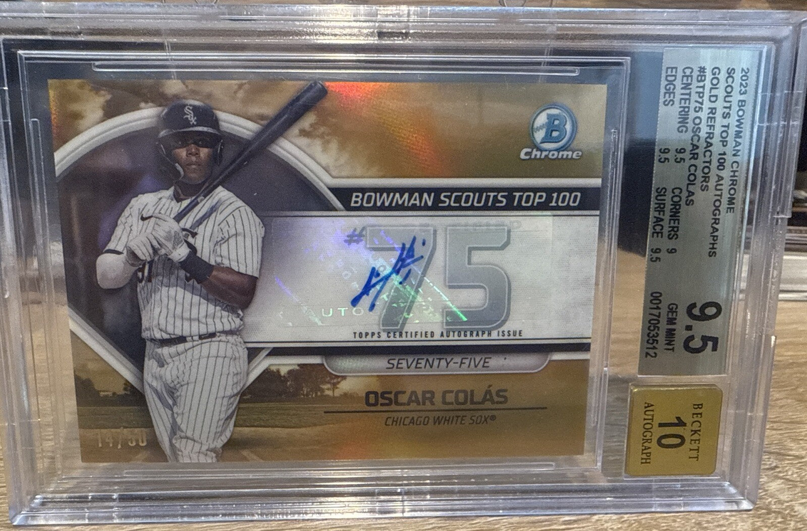 BGS 9.5 - 2023 Bowman Chrome Oscar Colas Bowman Scouts Top 100 Gold Ref AUTO /50