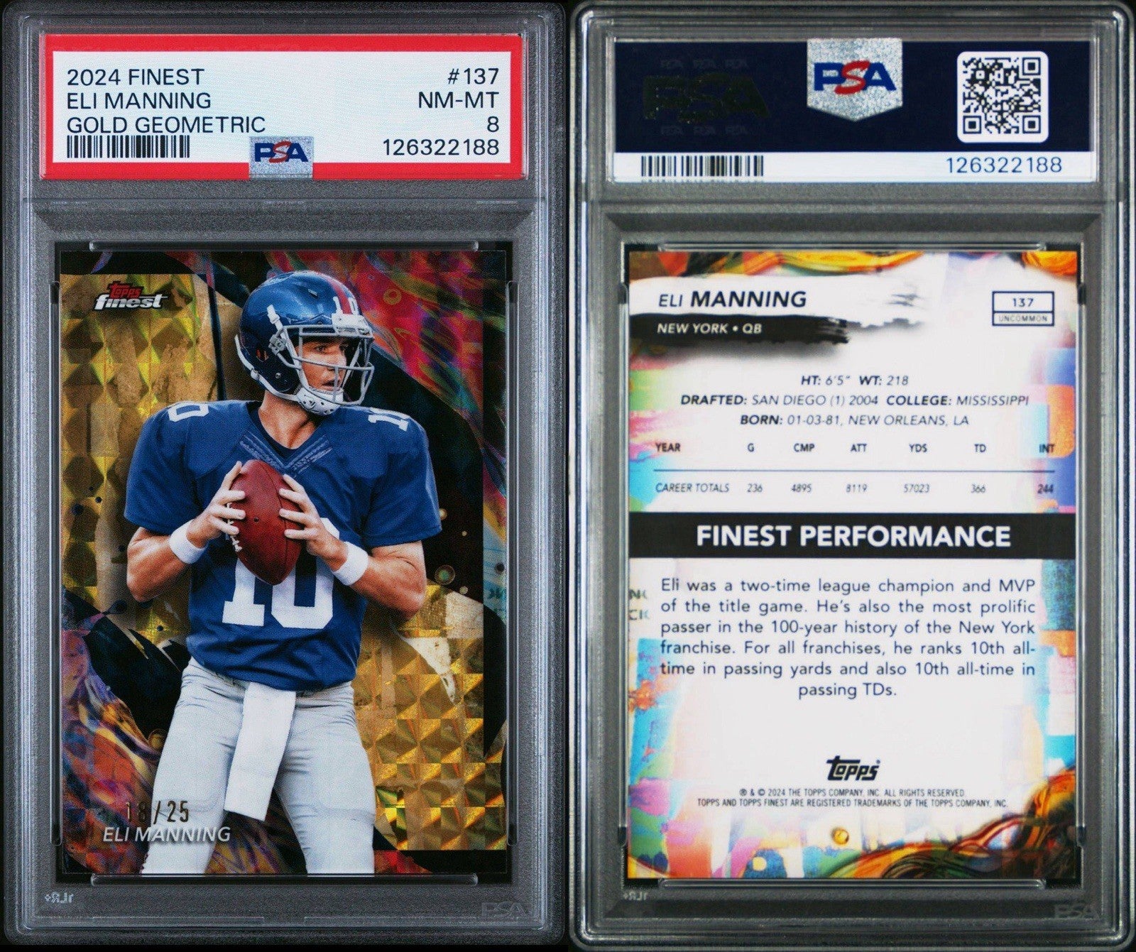 Eli Manning 2024 Topps Finest #137 Gold Geometric #d/25 - PSA 8