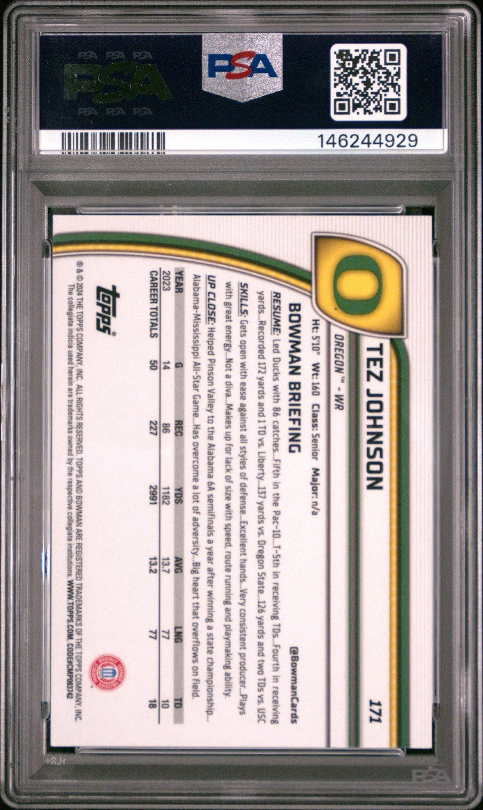 2024 Bowman U Chrome Sapphire Edition Orange /25 Tez Johnson PSA 9 Mint