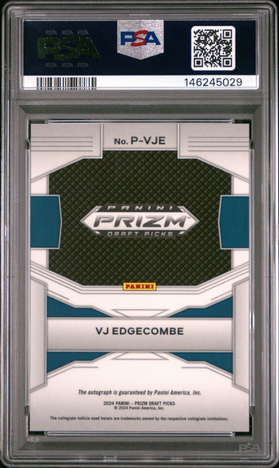 2024-25 Panini Prizm Draft Picks VJ Edgecombe Penmanship Autograph #P-VJE PSA 9