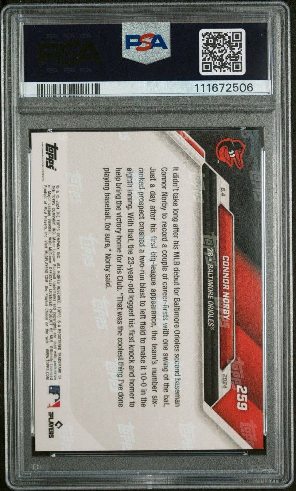 2024 Topps Now #259 Connor Norby Purple Parallel #d /25 RC - PSA 10 Gem Mint