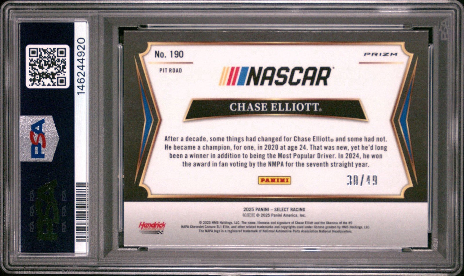 2025 Panini Select Pit Road Orange Prizm #d /49 Chase Elliott #190 PSA 10 Gem