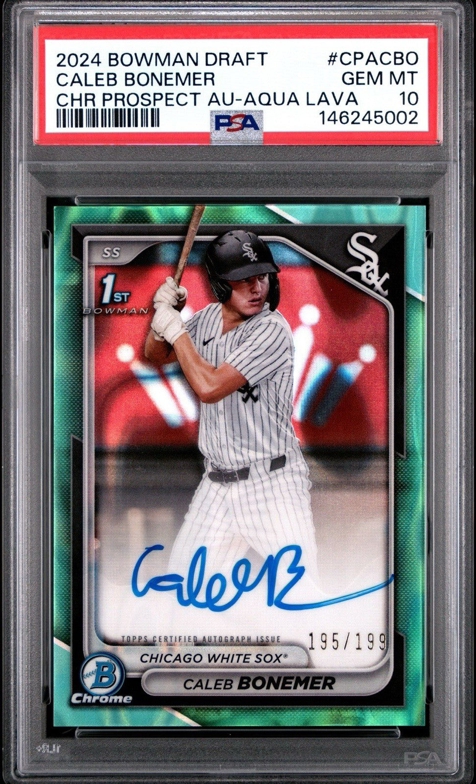 2024 BOWMAN DRAFT CHROME PRSPCT AUTOS AQUA LAVA CALEB BONEMER /199 PSA 10