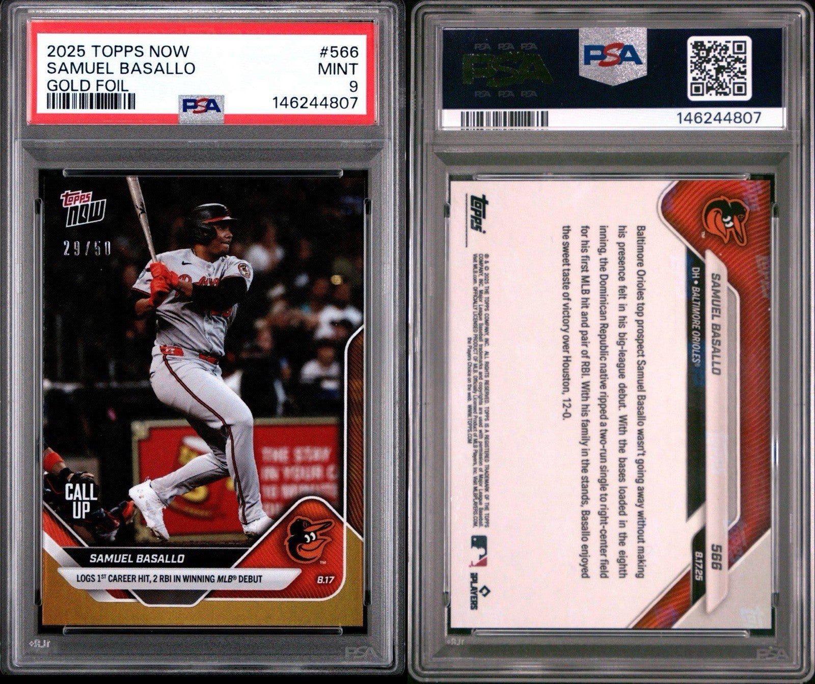 SAMUEL BASALLO 2025 TOPPS NOW GOLD FOIL PARALLEL ROOKIE CARD #566 PSA 9 MINT
