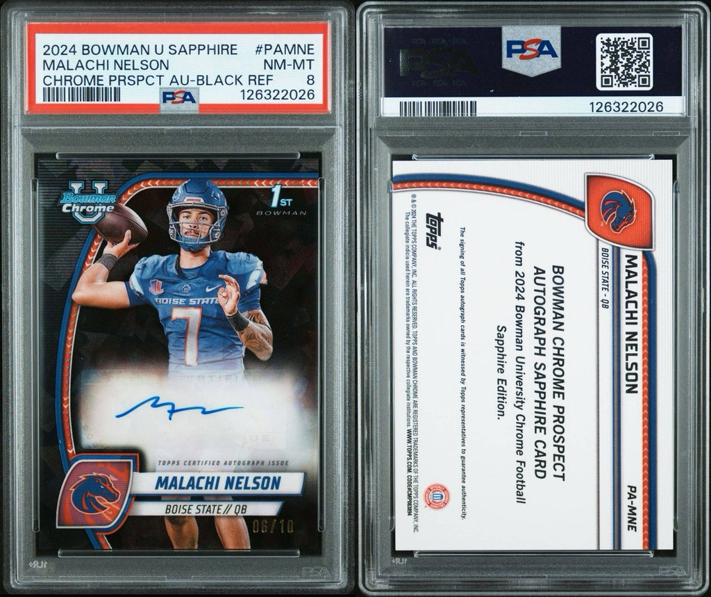 2024 Bowman University Chrome Sapphire Malachi Nelson - Black Ref #d /10 PSA 8