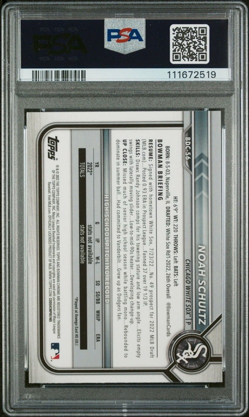2022 Bowman Chrome Draft Sapphire Noah Schultz 1st Refractor - PSA 9