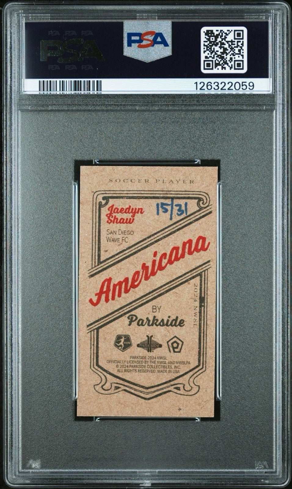 2024 Parkside NWSL Americana Type II Award #d  /31 Jaedyn Shaw PSA 8