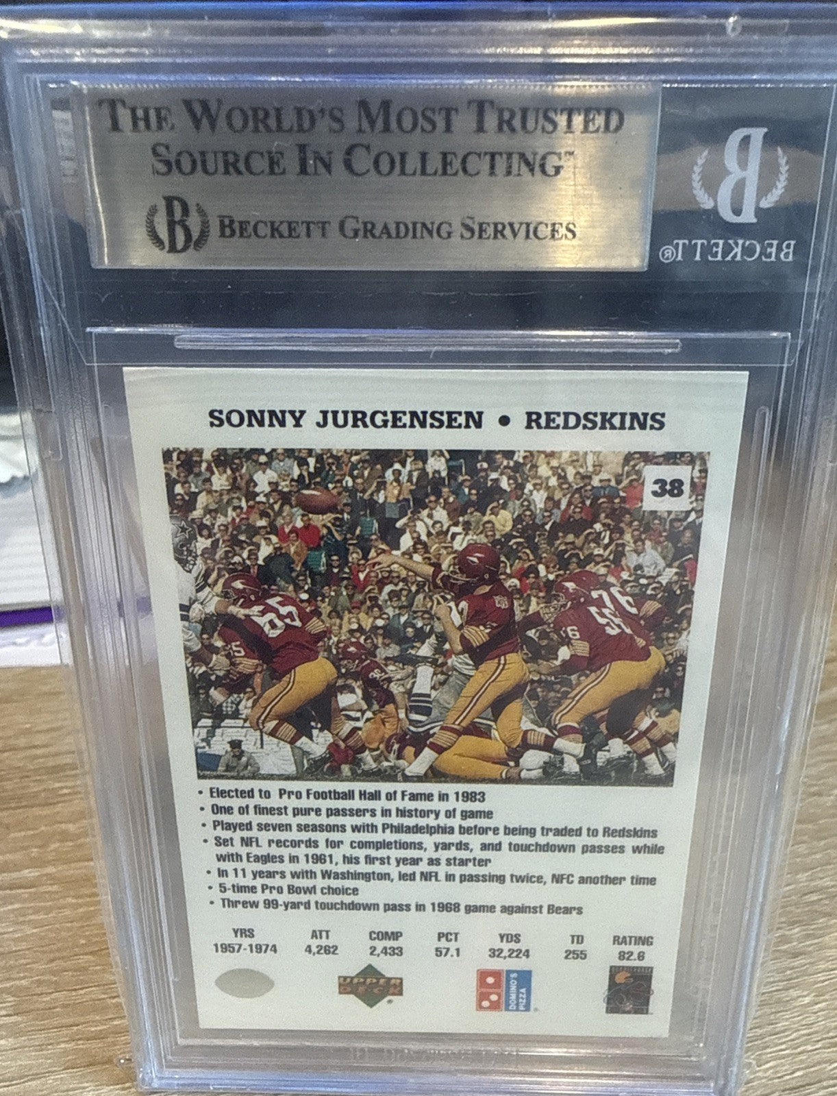 Signed - Sonny Jurgensen 1991 Dominos Quarterbacks Auto - BAS Slab Beckett