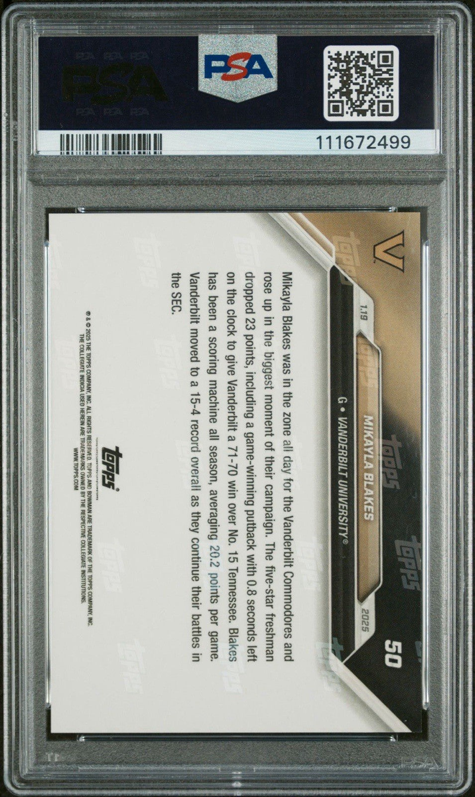 2024-25 Bowman U Now #50 Mikayla Blakes Blue #d /49 - PSA 9 Mint