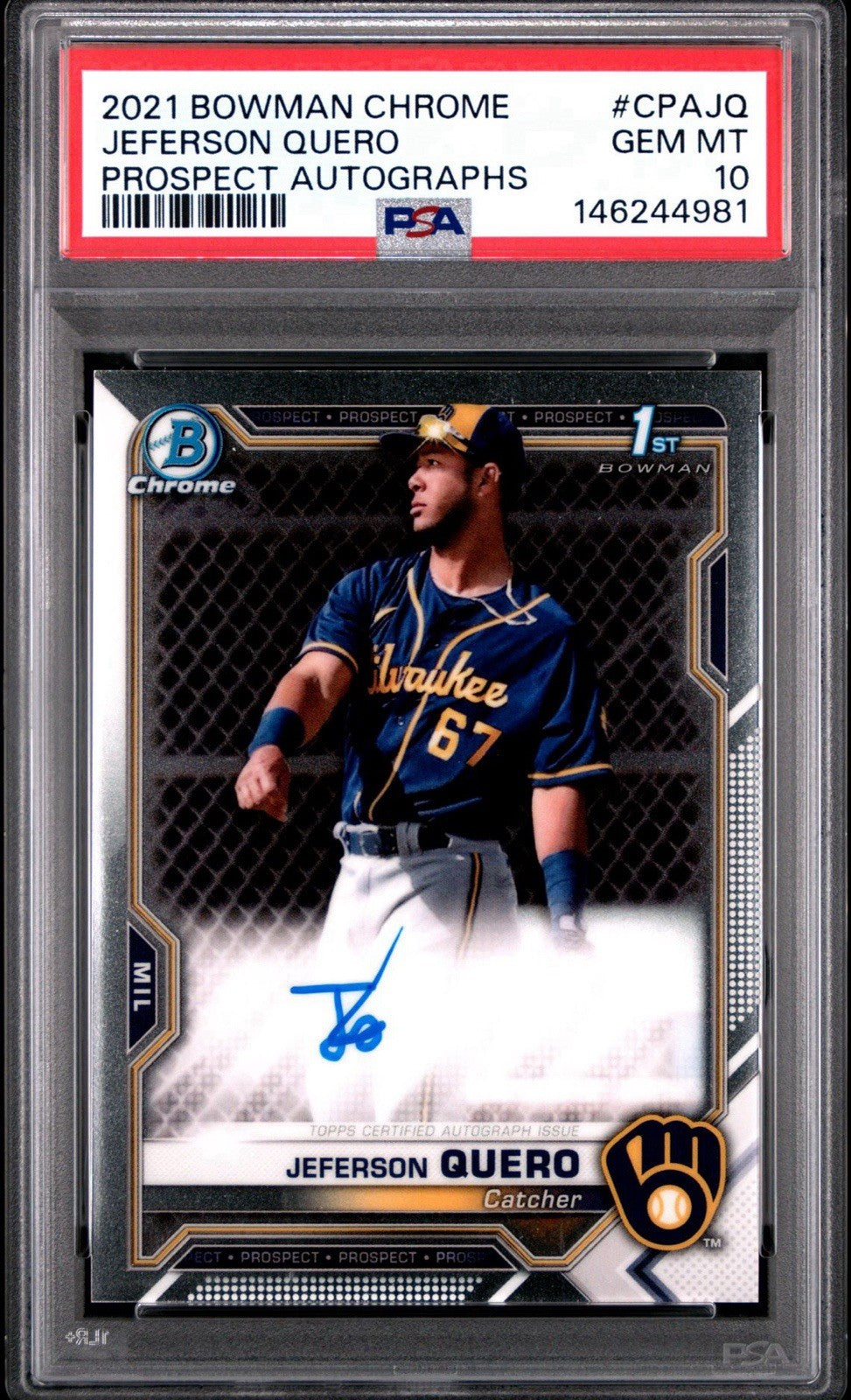 2021 Bowman Chrome 1st Auto Jeferson Quero #CPA-JQ Milwaukee Brewers PSA 10 Gem