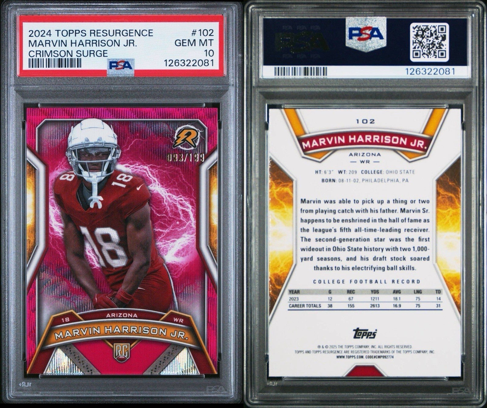 2024 Topps Resurgence Marvin Harrison Jr CRIMSON SURGE RED /199 RC PSA 10