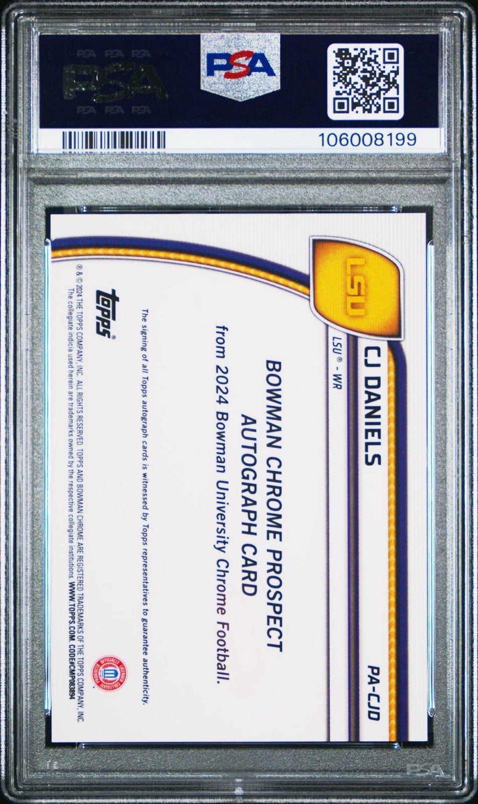 CJ DANIELS 2024 Bowman Chrome University LSU 1st Fuschia Ref /150 PSA 9