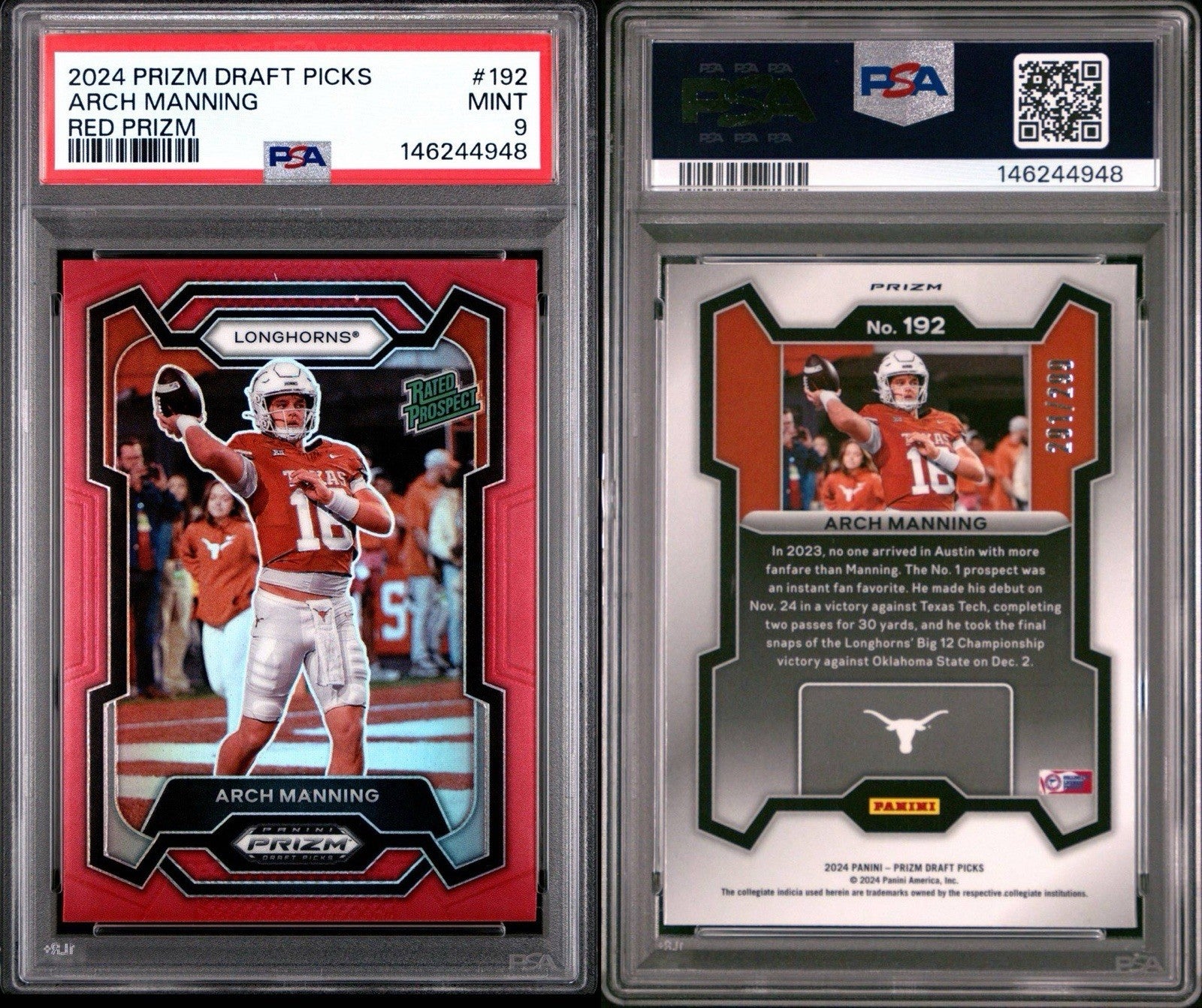 2024 Panini Prizm Draft - Rated Prospect Arch Manning #192 Red Prizm /299 PSA 9