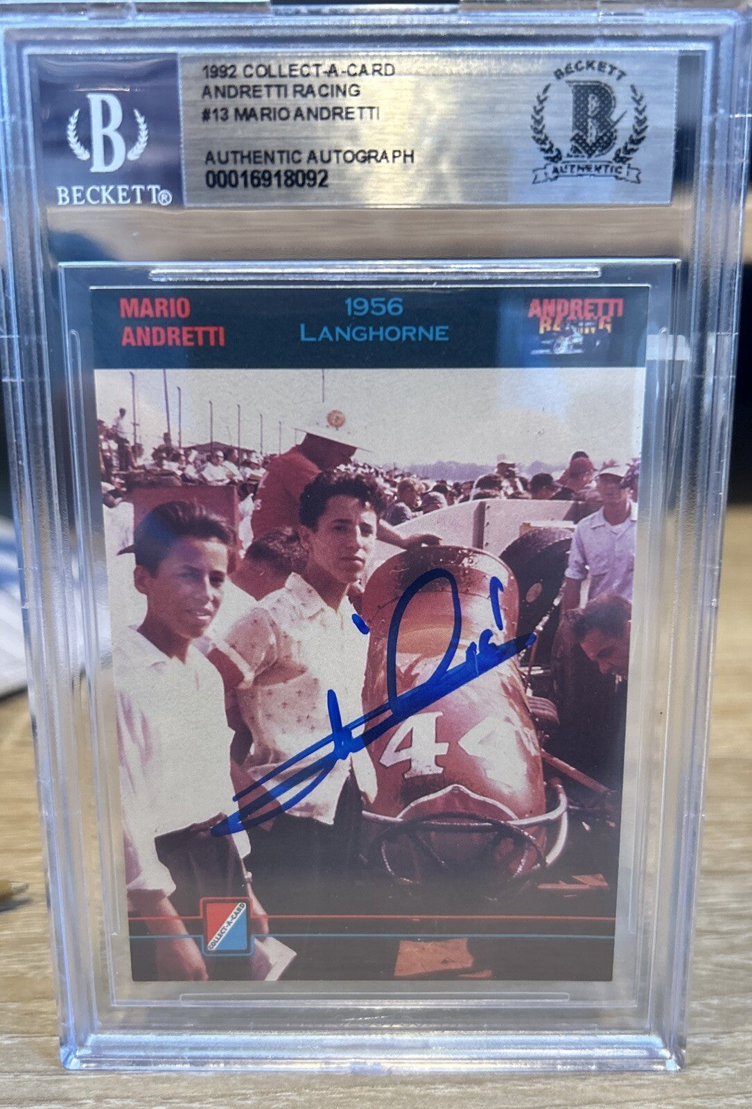 MARIO ANDRETTI Signed 1992 Collect A Card #13 Beckett BAS encased Indy Racing