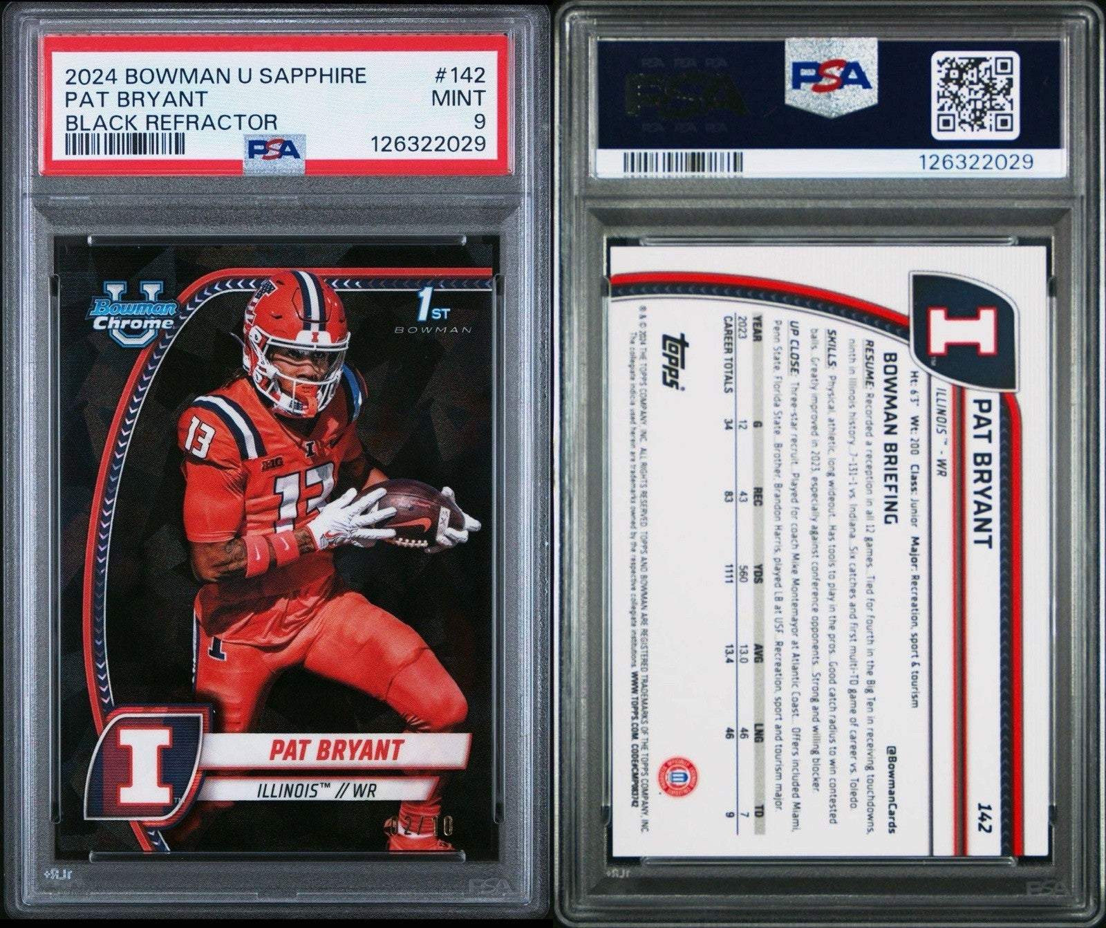2024 Bowman U Chrome Sapphire Edition Pat Bryant #142 Black #d /10 - PSA 9