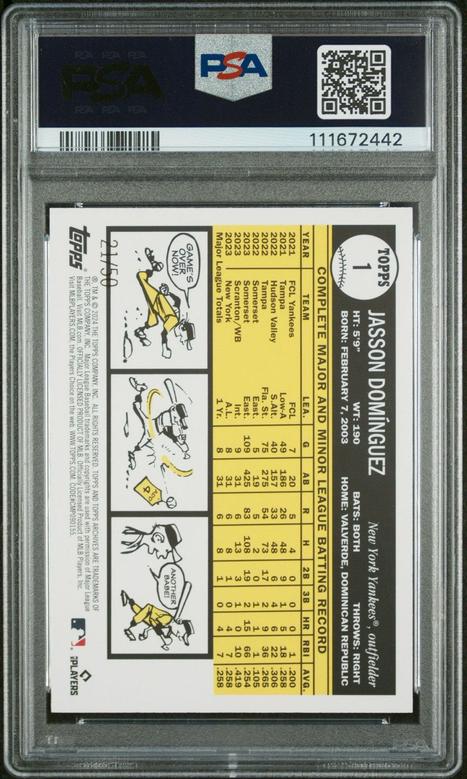 2024 Topps Archives - Jasson Dominguez #1 Image Var Red Hot Foil /50 (RC) PSA 9
