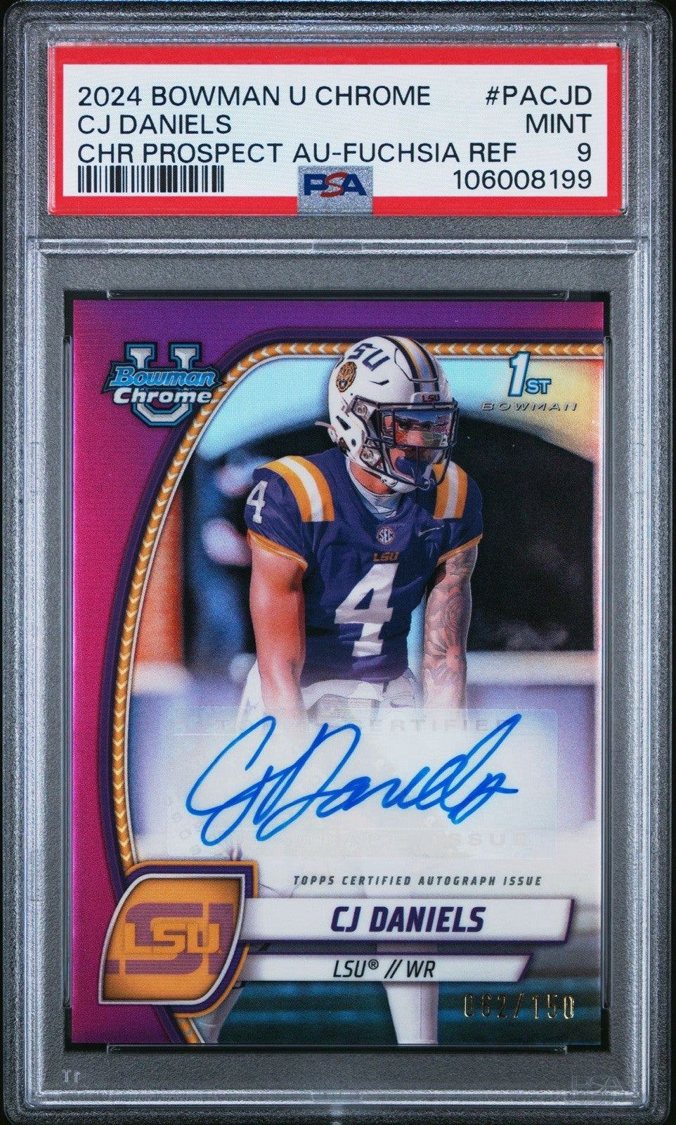CJ DANIELS 2024 Bowman Chrome University LSU 1st Fuschia Ref /150 PSA 9