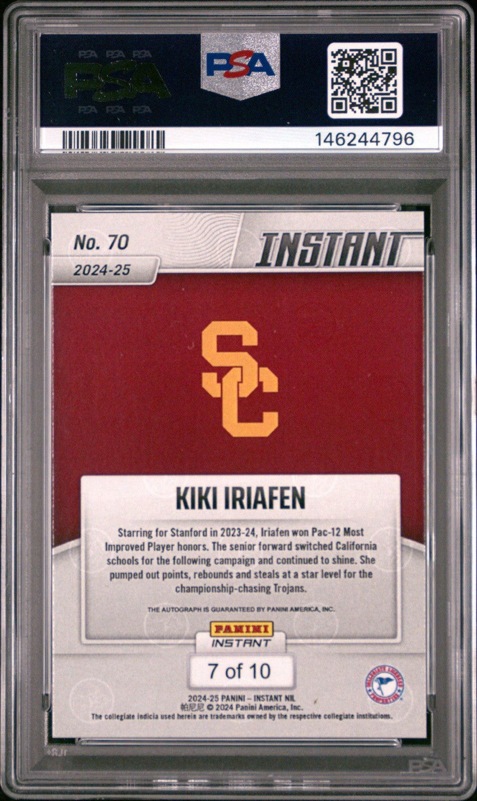 Kiki Iriafen 2024-25 Panini Instant NIL #70 Jaguar Signed Auto /10 RC USC PSA 9