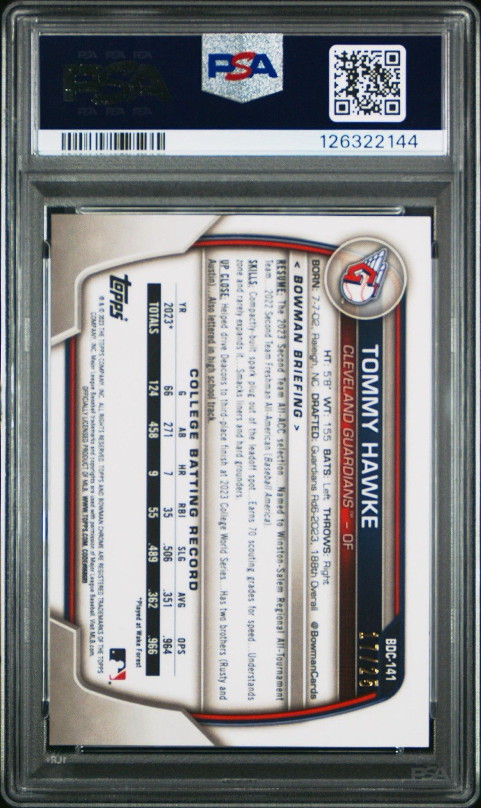 2023 1st Bowman Chrome Tommy Hawke Orange Sapphire /25 #BDC-141 PSA 9